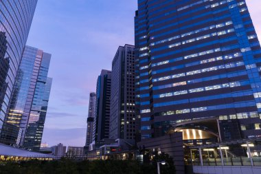 Tokyo, Japonya - 16 Ağustos 2019 : Gün batımında Shinagawa, Tokyo'daki modern ofis binasının görünümü.