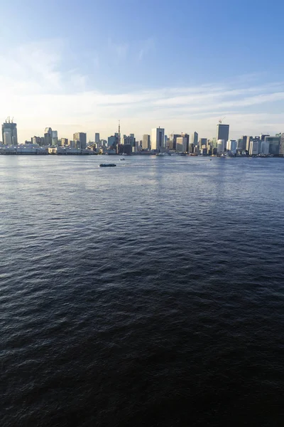 Blick auf die Tokyo-Bucht tagsüber von der Regenbogenbrücke in odaiba. viel befahrene Wasserstraße mit Schiffen. Orientierung an der Landschaft. — Stockfoto