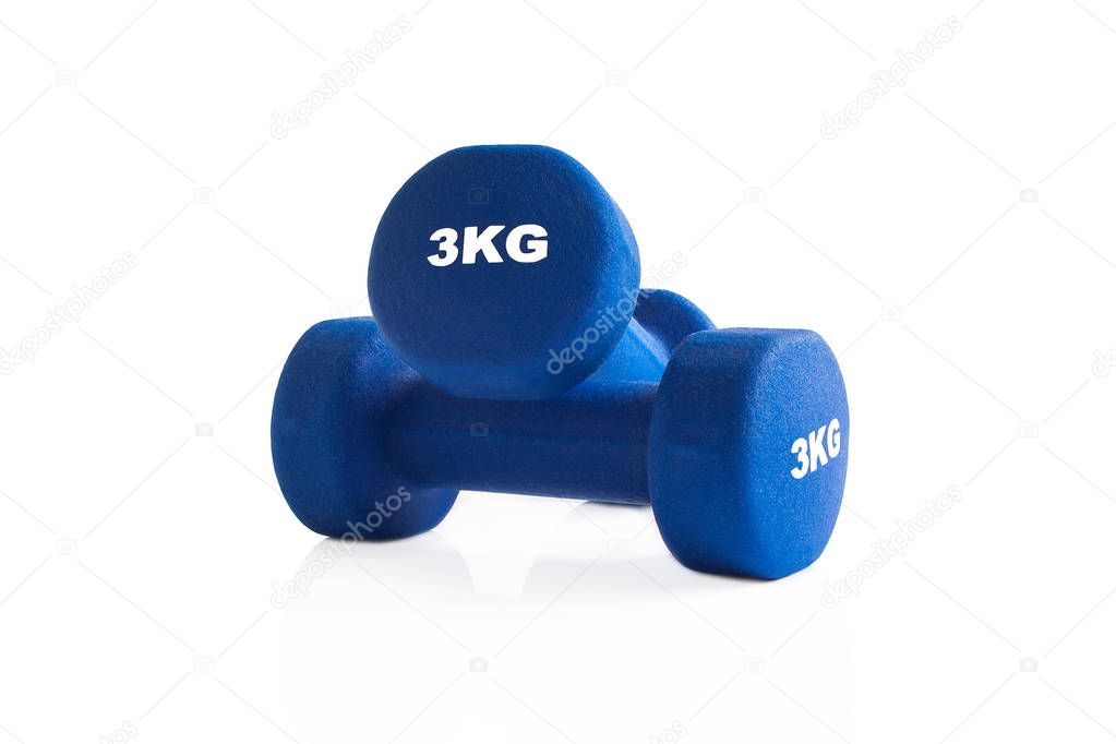 Blue 3kg dumbbells for a fitness training isolated on a white background