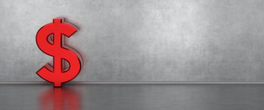 Kırmızı dolar işareti. Beton zemin üzerinde 3D dolar para birimi sembolü.