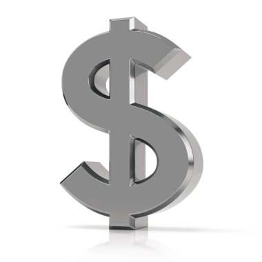 Gümüş dolar işareti. Beyaz arka planda izole edilmiş Amerikan doları para birimi sembolü.