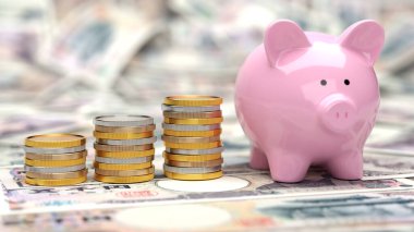 Japon yen banknotlarında yığınla bozuk para olan Piggy Bank.