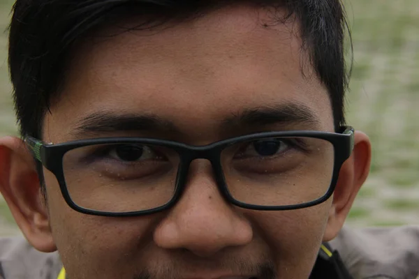 Portrait Asian Man Glasses Human Face Skin Texture — Stock Photo, Image