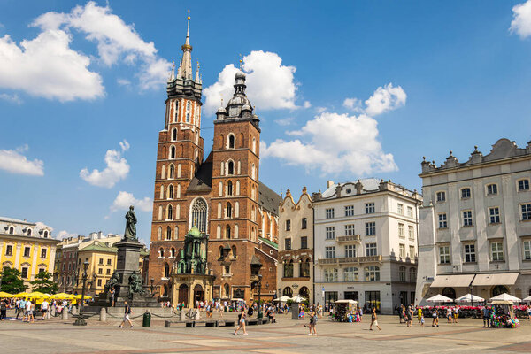 Krakow, Poland - 08/08/2020 - St. Mary's Church in the Market Square in Krakow