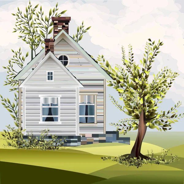 Vektor Schönes Haus Mit Einem Baum Illustration — Stockvektor