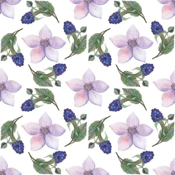 Floral Pattern Watercolor Style Beautiful Seamless Pattern Blackberries Flowers Gentian — Stock Photo, Image