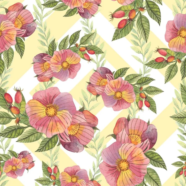 Seamless Pattern Flowers Rose Hips Watercolor Style Can Used Fabric — Stock Photo, Image