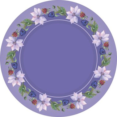 Suluboya çerçeve. Çiçek, böğürtlen ve çim. Düğün, davetiye, tebrik kartları, arama, tırnak, desen, logolar, yazı, vb. için mükemmel