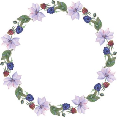 Suluboya çerçeve. Çiçek, böğürtlen ve çim. Düğün, davetiye, tebrik kartları, arama, tırnak, desen, logolar, yazı, vb. için mükemmel