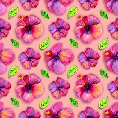 Mor ve pembe ebegümeci, yaz çiçek baskı tropikal retro desenle suluboya
