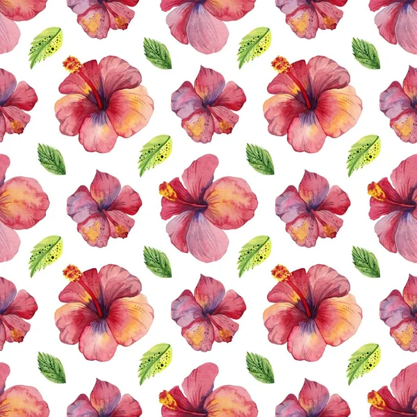 Watercolor Tropical Retro Pattern Purple Pink Hibiscus Summer Floral Print — Stock Photo, Image