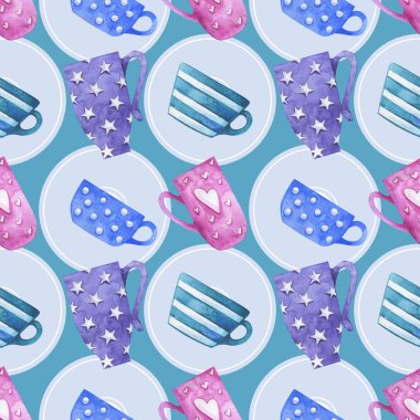 Sevimli bardaklar, kupalar, kalp, yıldız, düğmeleri ile romantik seamless modeli. Resimde kağıt, kart, kumaş ve daha fazla sarma için uygundur.