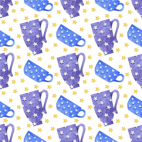 Romantic seamless pattern with cute cups, mugs, hearts, stars, buttons and more. The illustration is suitable for wrapping paper, card, cloth and more.