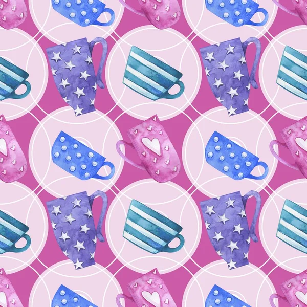 Romantic seamless pattern with cute cups, mugs, hearts, stars, buttons and more. The illustration is suitable for wrapping paper, card, cloth and more.