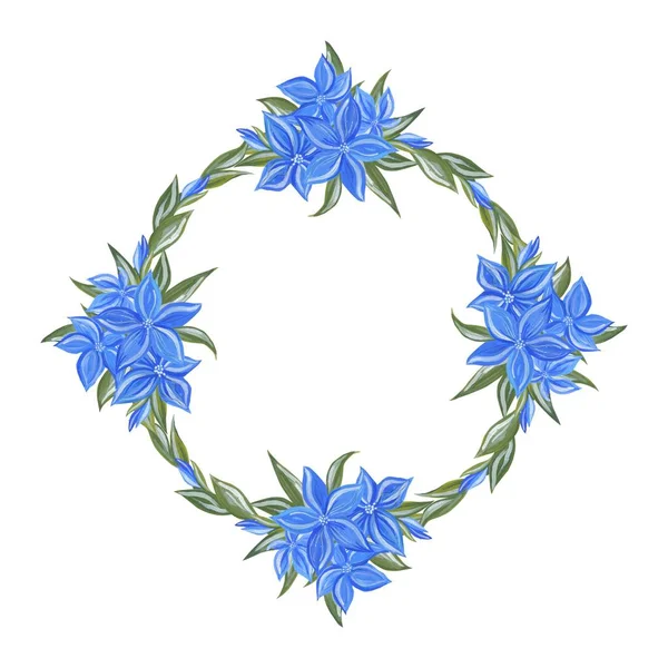 水彩框架 蓝色的花朵和草 完美的婚礼 文字等 — 图库照片