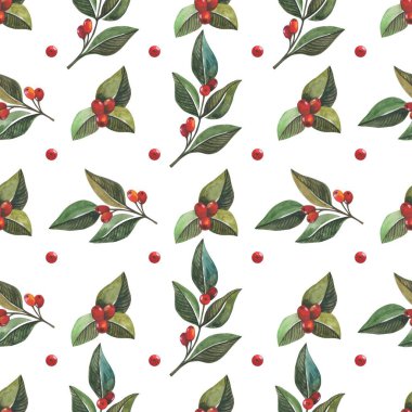 Sulu boya yeşil yaprakları ve kızamık, çizilmiş resim kırmızı meyveler ile Seamless modeli. Arka arka plan Web siteleri vb için kumaş ve kağıt için idealdir.