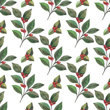 Sulu boya yeşil yaprakları ve kızamık, çizilmiş resim kırmızı meyveler ile Seamless modeli. Arka arka plan Web siteleri vb için kumaş ve kağıt için idealdir.