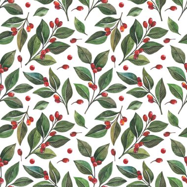 Sulu boya yeşil yaprakları ve kızamık, çizilmiş resim kırmızı meyveler ile Seamless modeli. Arka arka plan Web siteleri vb için kumaş ve kağıt için idealdir.