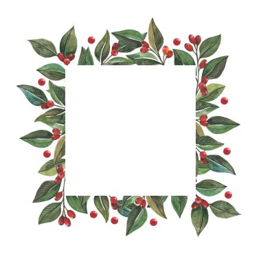 Kızamık yeşil yaprakları ve suluboya tarzında kırmızı meyveler ile dalları çerçeveleme. Tasarım tarihi, afiş, etiket, mesaj, davet kaydetmek için.