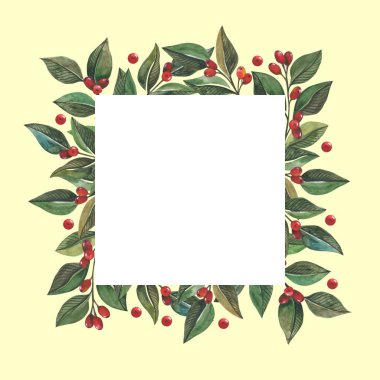 Kızamık yeşil yaprakları ve suluboya tarzında kırmızı meyveler ile dalları çerçeveleme. Tasarım tarihi, afiş, etiket, mesaj, davet kaydetmek için.