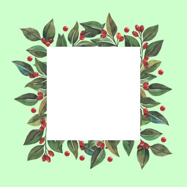 Kızamık yeşil yaprakları ve suluboya tarzında kırmızı meyveler ile dalları çerçeveleme. Tasarım tarihi, afiş, etiket, mesaj, davet kaydetmek için.