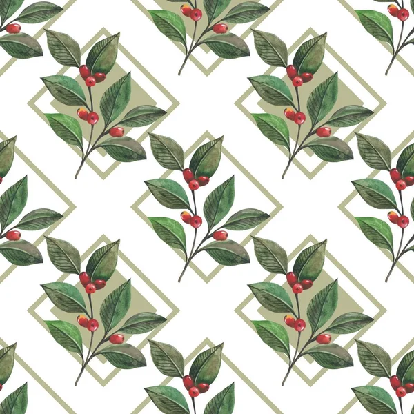 Seamless Pattern Watercolor Green Leaves Red Berries Barberry Geometric Shapes — Stock Photo, Image