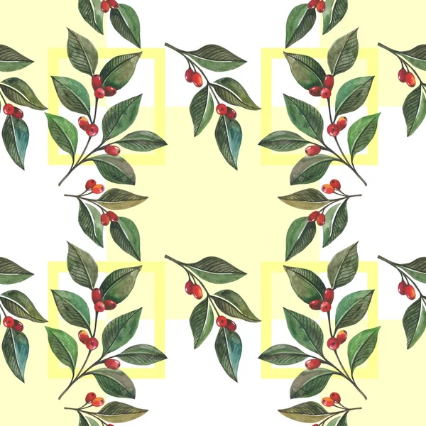水彩の緑の葉と赤い果実メギ 幾何学図形 イメージの手描きのシームレスなパターン 背景は Web サイト等の背景に最適です — ストック写真