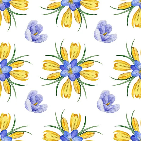 Seamless Floral Pattern Crocus Flowers Herbs Watercolor Style Perfect Background — Stock Photo, Image