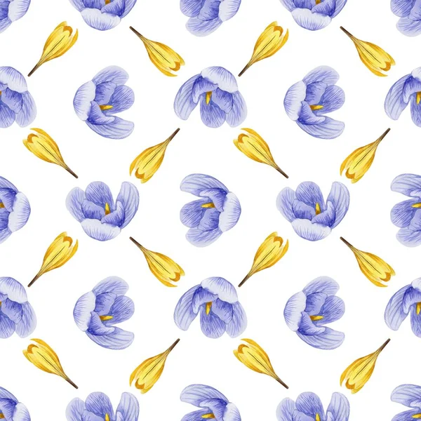 Seamless Floral Pattern Crocus Flowers Herbs Watercolor Style Perfect Background — Stock Photo, Image