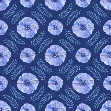 Çiçek desenli suluboya tarzında. Çiçekli pembe ve mavi, otlar ve yaprakları ile güzel seamless modeli. Duvar kağıdı, ambalaj kumaşlar basım için bir arka plan şablon olarak kullanılabilir.