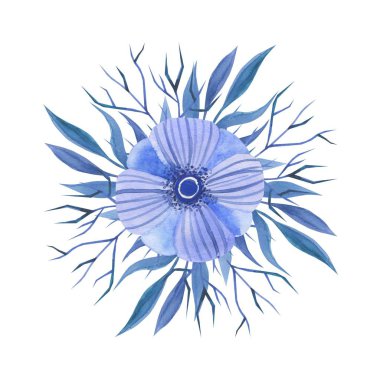 Çiçekler ve otlar, pembe, mavi, mavi suluboya bileşimi. Romantik çiçek Aranjman-illüstrasyon