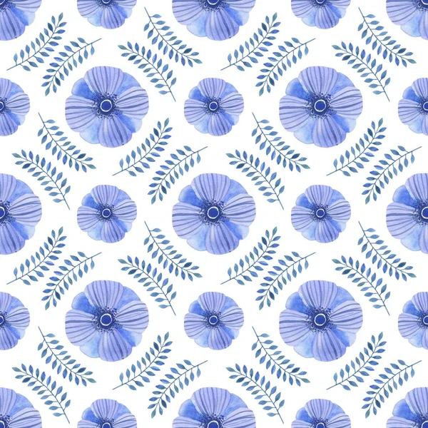 水彩風の花柄 ピンクとブルー ハーブの葉と花を持つ美しいシームレス パターン 生地に印刷 壁紙用背景テンプレートとして使用することができます — ストック写真