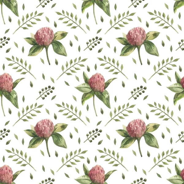 Floral Pattern Watercolor Style Beautiful Seamless Background Flowers Clover Leaves — Stock Photo, Image