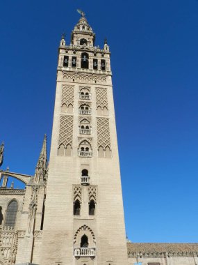 La Giralda, Seville. Andalusia, İspanya. Aşağıdan bir bakış açısı. Güneşli bir gün, mavi gökyüzü.