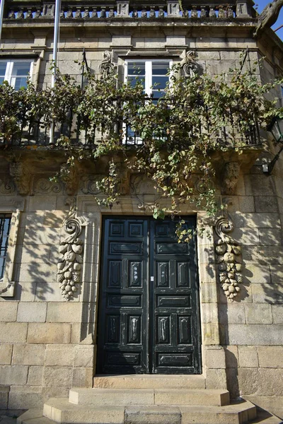House with stone vine tree. Balcony with iron handrail and real vine tree. Quintana Square, close to Cathedral, Santiago de Compostela, Spain.