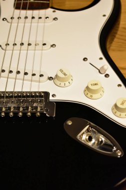 Siyah ve beyaz elektro gitar portre. Vücut ayrıntıları: köprü, dizeleri, jack, tek bobin pickups, düğme, anahtarı ve pickguard.
