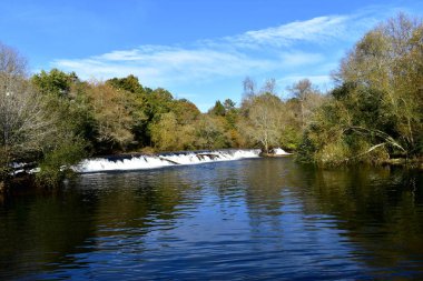 Orman nehir ve şelale ile. Sonbahar renkleri, mavi gökyüzü bulutlu ağaçlarıyla. Galiçya, İspanya.