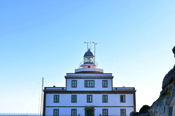Faro Finisterre End World Con Luci Ombre Tramonto Colori Rosso — Foto Stock