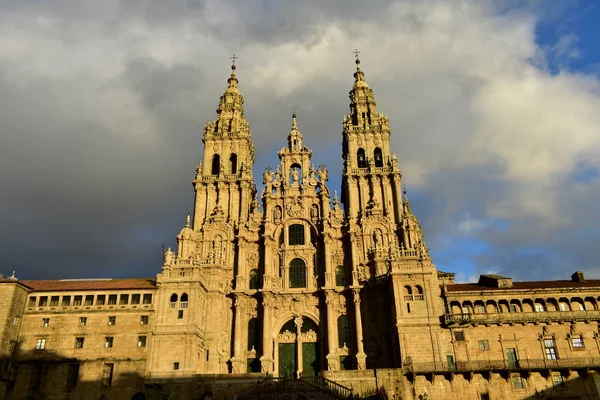 Cathédrale Avec Lumière Coucher Soleil Place Obradoiro Jour Pluie Ciel — Photo