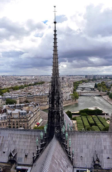 ノートルダム大聖堂 フランス 塔の視点からの尖塔 Fleche と使徒 セーヌ川と街並み — ストック写真