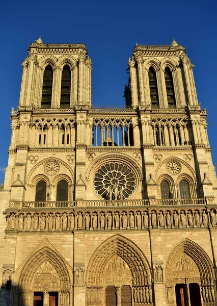 Catedral Notre Dame Fachada Com Luz Pôr Sol Paris França — Fotografia de Stock