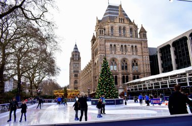 Doğal Tarih Müzesi Noel buz pateni Buz pateni insanlar. London, Büyük Britanya, Ocak 2019.