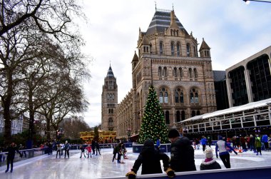 Doğal Tarih Müzesi Noel buz pateni Buz pateni insanlar. London, Büyük Britanya, Ocak 2019.