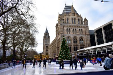 Doğal Tarih Müzesi Noel buz pateni Buz pateni insanlar. London, Büyük Britanya, Ocak 2019.