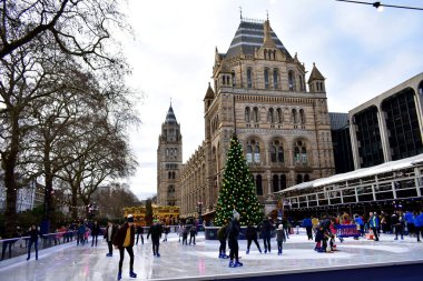 Doğal Tarih Müzesi Noel buz pateni Buz pateni insanlar. London, Büyük Britanya, Ocak 2019.
