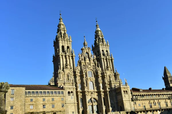 Katedrális Santiago Compostela Obradoiro Térre Spanyolország Barokk Homlokzattal Tornyok Naplemente — Stock Fotó