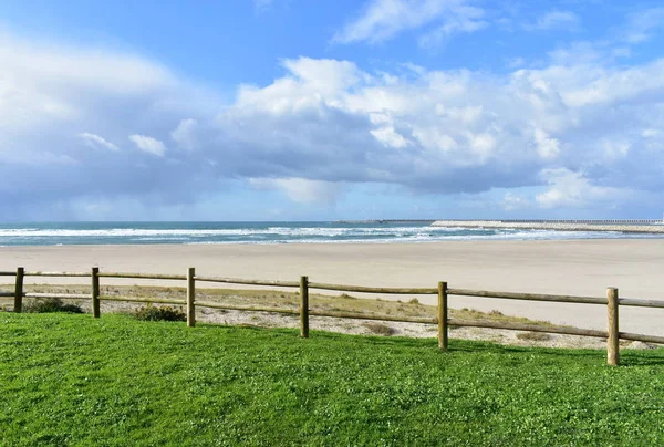 Spiaggia Con Erba Verde Recinzione Legno Porto Industriale Cielo Nuvoloso — Foto Stock