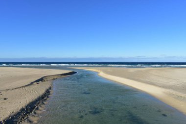 Altın kum, dalgalar ve beyaz köpük nehir ve mavi denize sıfır plaj. Açık gökyüzü, güneşli bir gün. Galiçya, İspanya.