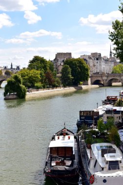Seine Nehri tekneleri ve Ile de la Cite Pont des Arts ile. Park manzaralı Vert Galant Meydanı. Paris, Fransa, 17 Ağustos 2018. 