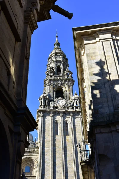 Kathedraal Santiago Compostela Spanje Barokke Klokkentoren Uit Nabijgelegen Straat — Stockfoto